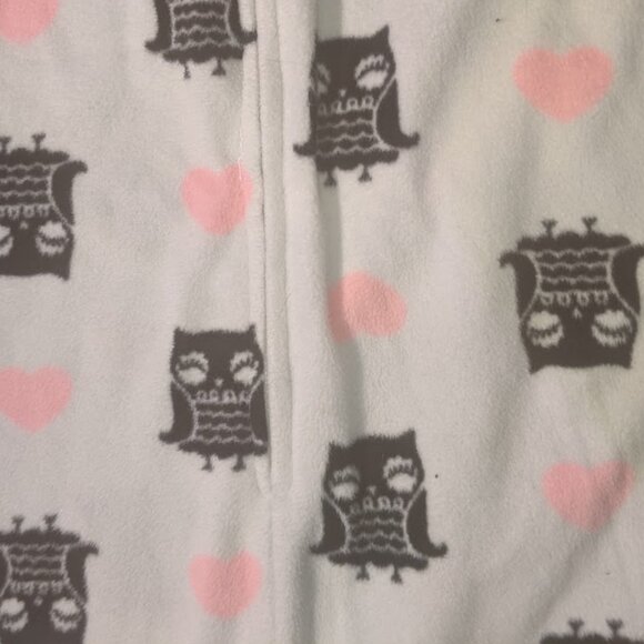 ---  Owl Print White Pink Fleece Hooded Onesie Pajamas Size Large Fits Medium - Picture 3 of 4
